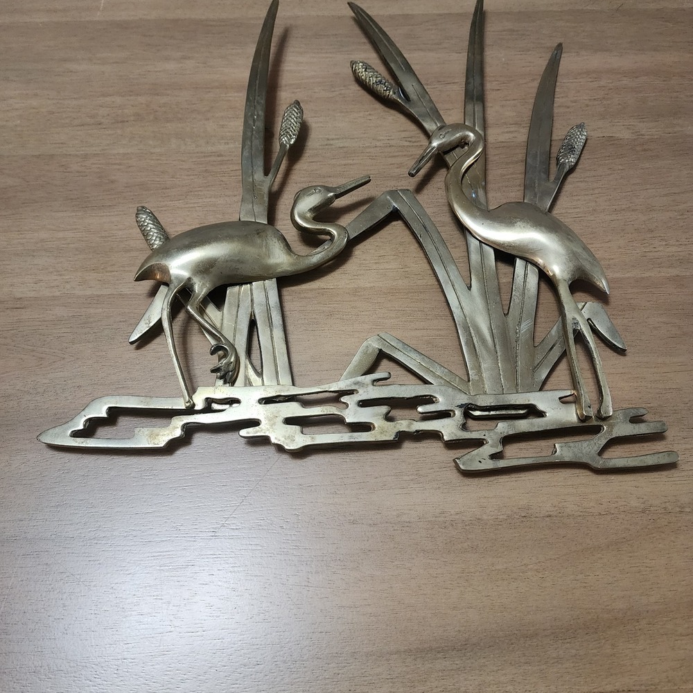 Brass MCM Crane Egret Heron In‎ Reeds Wall Hanging Decor Vintage  Trending